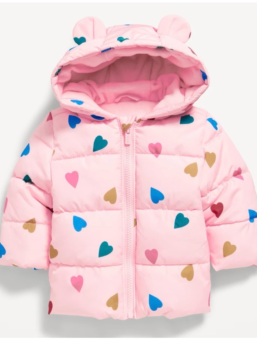 Old Navy Pink Heart-Print Puffer Jacket with Hood